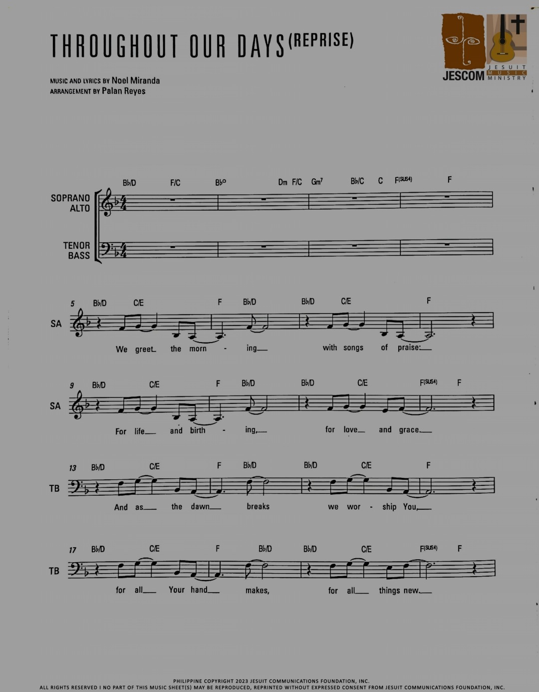 THROUGHOUT OUR DAYS (REPRISE) – Music Sheet